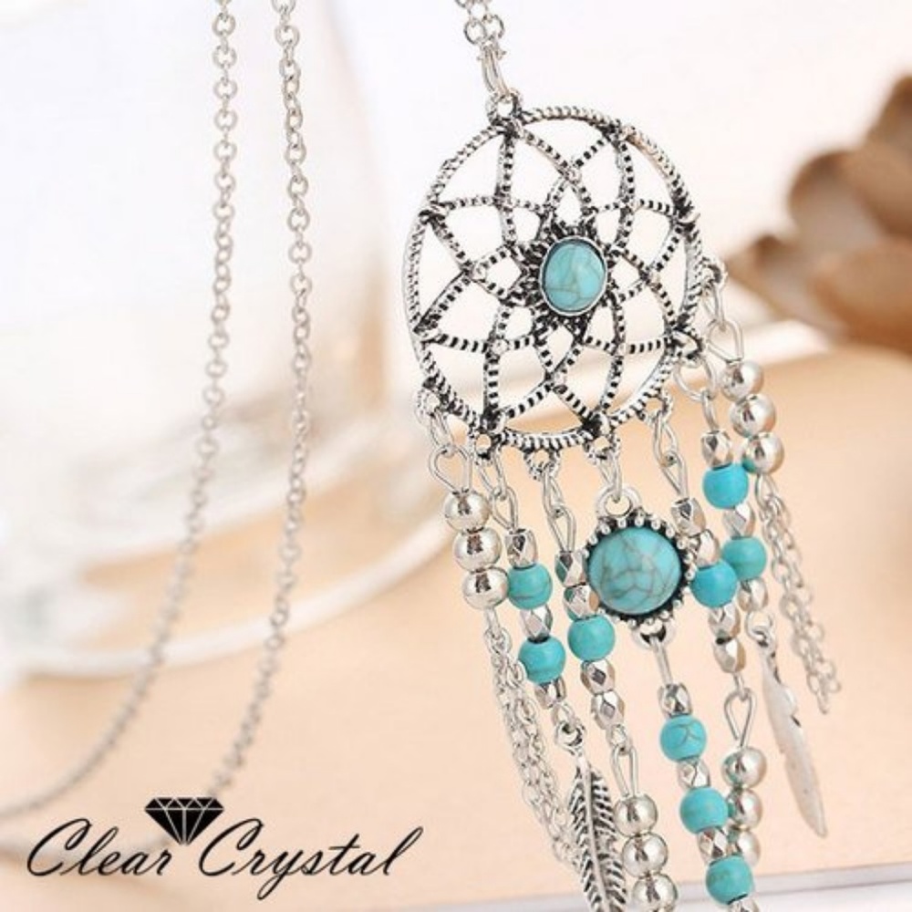 Dream Catcher Silver Tone Turquoise Boho‎ Pendant Necklace